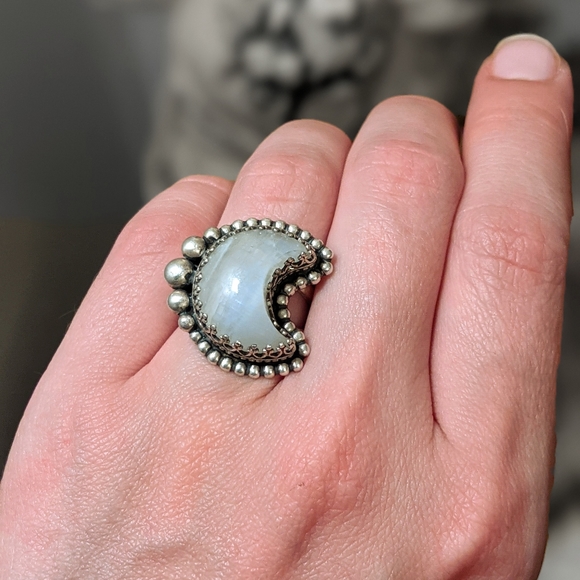 Sterling Silver Moonstone Crescent Moon Ring - Picture 4 of 10